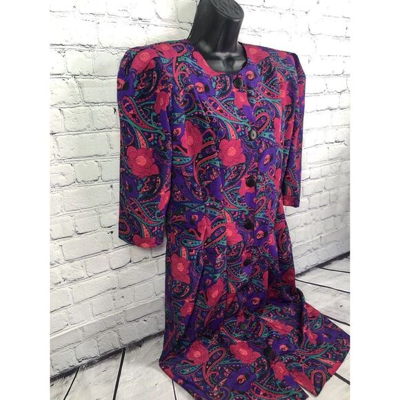 vtg 80's Our's multicolor purpuple pink button front shift dress sz 10 - Picture 3 of 7